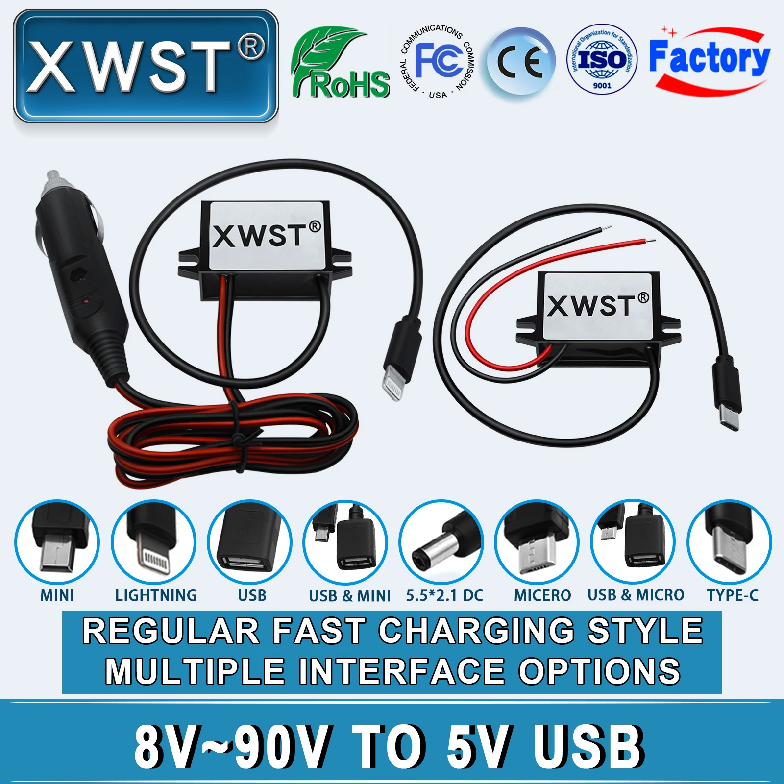 XWST DC DC 12V 24V 36V 48V 60V 72V to 5 Volt 3A 15W From 8-90V to 5V Output Step Down USB Converter With Car Charger