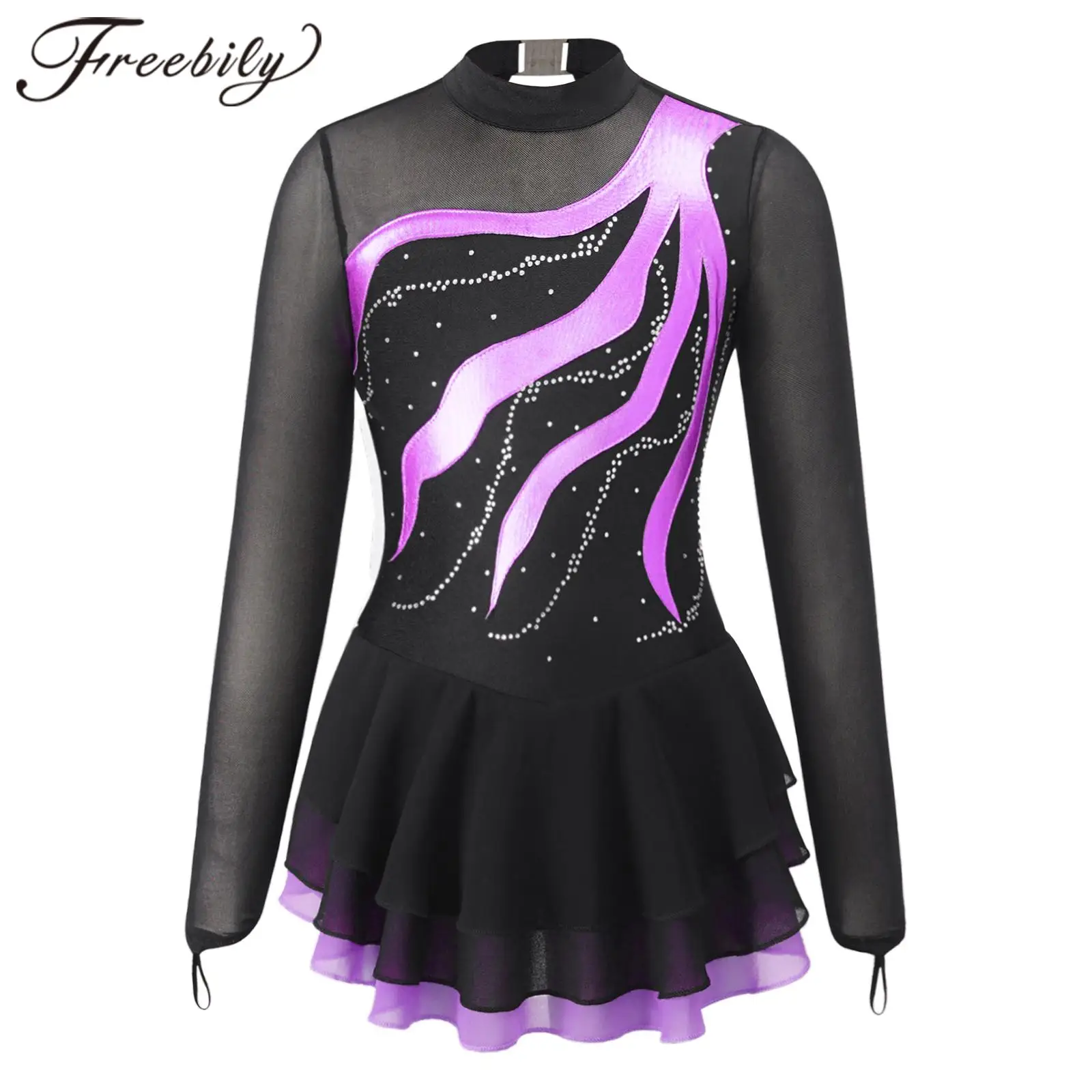 Kids Girls Long Sleeve Rhinestone Figure Skating Dress Patchwork Ice Skating Costume Ballet Gymnastics Leotard Dress Dance Wear