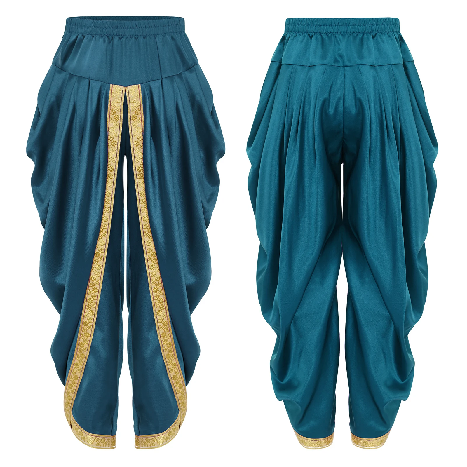 Kids Halloween Satin Indian Dhoti Pants Casual Elastic Waist Draped Baggy Trousers for Theme Party Masquerade Fancy Dress Ball