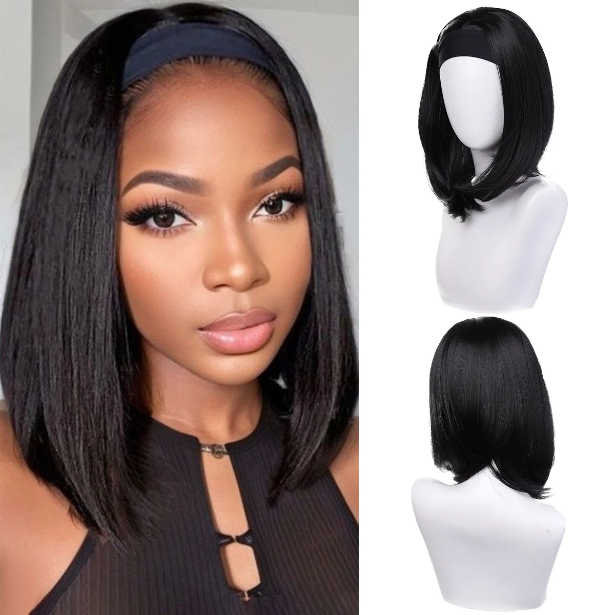 شعر مستعار صناعي أسود على شكل عصابة رأس للمرأة الأفريقية شعر مستعار قصير مستقيم 16 بوصة أسود مقاوم للحرارة #1