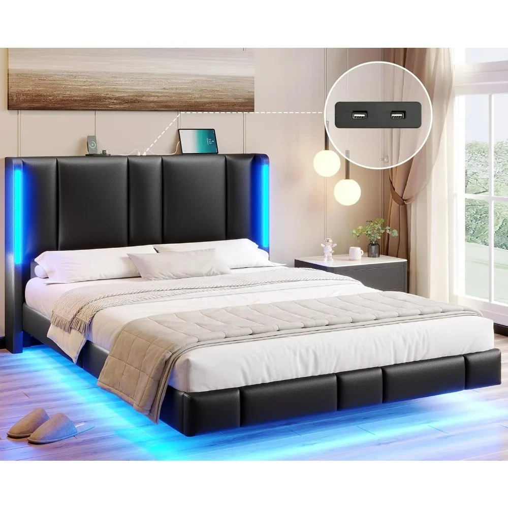 

Floating Bed Frame Full with LED Light and 2 USB Charging Station, Heavy Wooden Slats Support, Upholstered Bed Frame Full