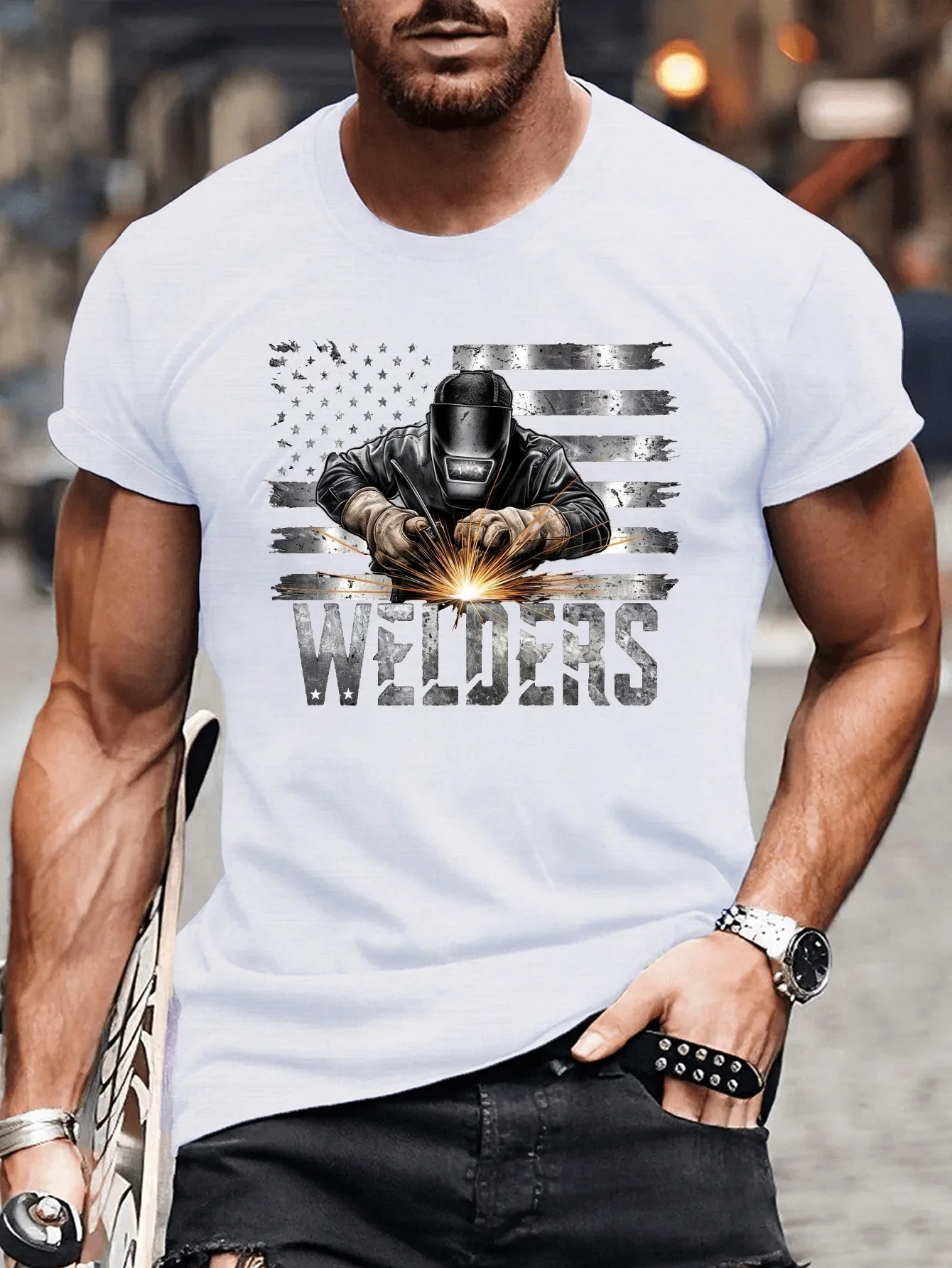 Men Casual Short Sleeve T Shirts Retro American Flag Welder Spark Graphic Print Crew Neck Daily Wear Top For Welding Enthusiasts