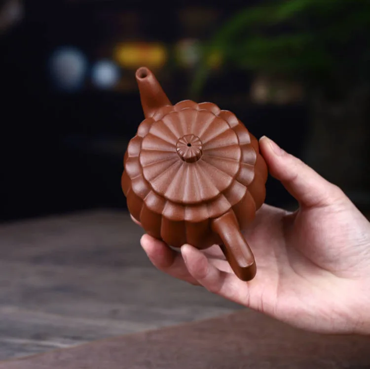 Deep-Bottomed Clear-Fluted Yixing Purple Clay Teapot Set Ceremony Collectible Tea Brewing Vessel Ceramic Ware Traditional C