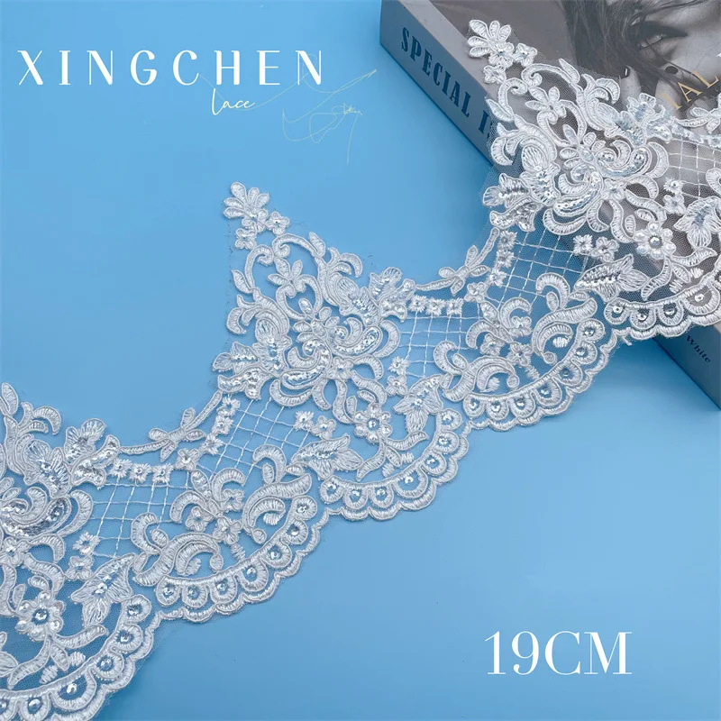 1Yard 19cm wide vory Sequin Cording Fabric Flower Venise Venice Mesh Lace Trim Applique Sewing Craft for Wedding Dec.