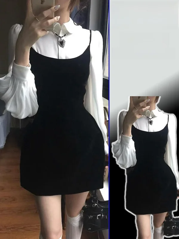 

Casual Style Doll Collar Short Skirt Two-Piece Set for plus Size Women Warm Long Sleeve Shirt And Fashionable Belted Skirt