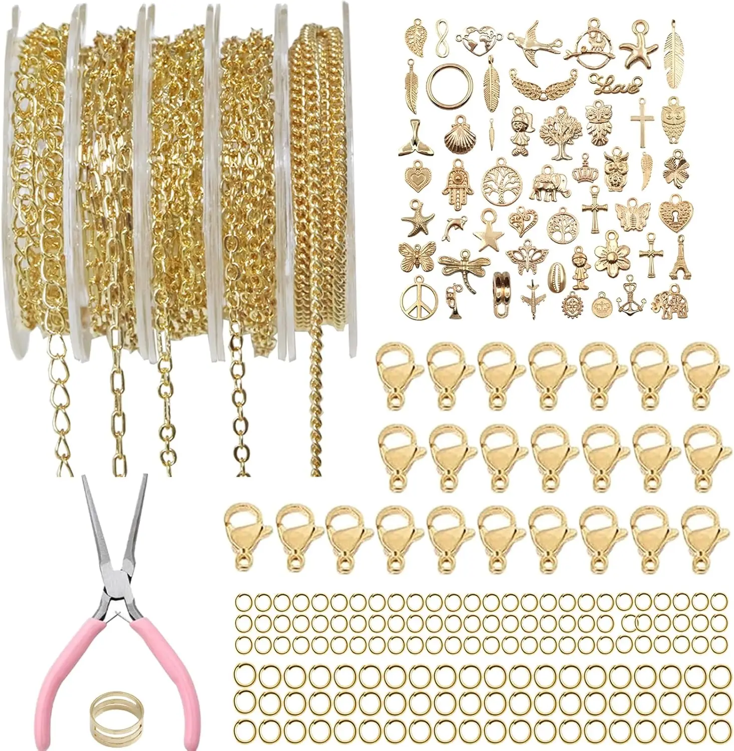 Kit de fabricación de joyas chapado en oro de 14K con 5 rollos de cadenas, dijes, cierres y alicates para hacer collares y pulseras DIY