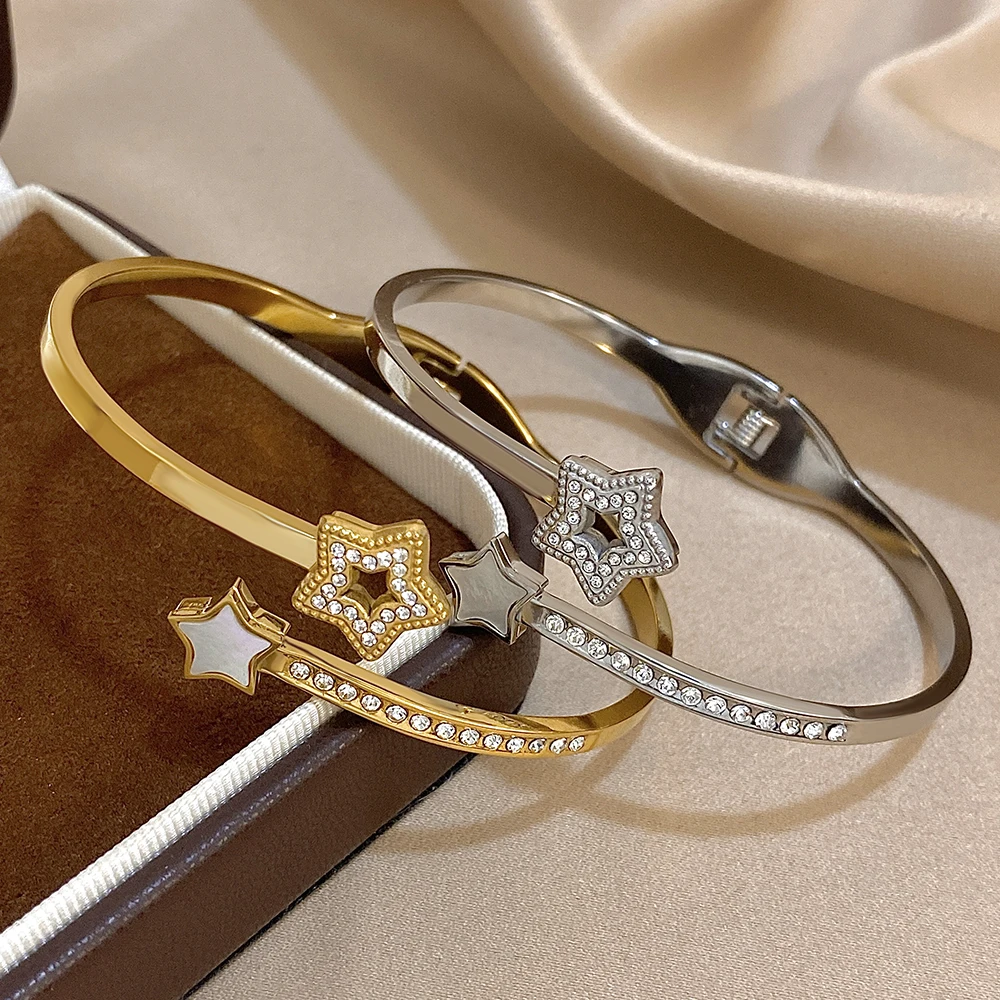 

DODOHAO Hollow Crystal Stars Cuff Bracelets Gold/Silver Color Zircon Open Bangles Adjustable Bracelet Stainess Steel Jewelry