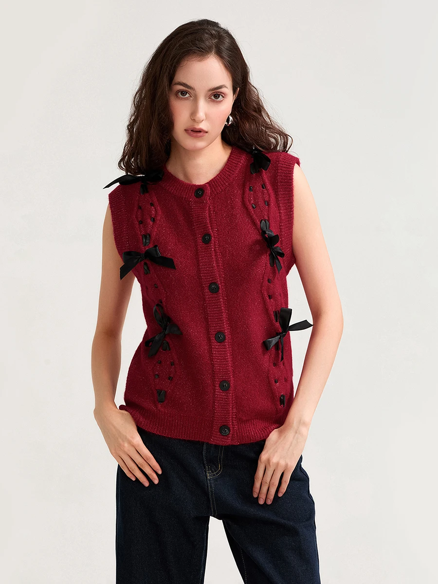 Women s Fall Knitted Vests Stylish Bow Button Down Gilets Sleeveless Crew Neck Sweater