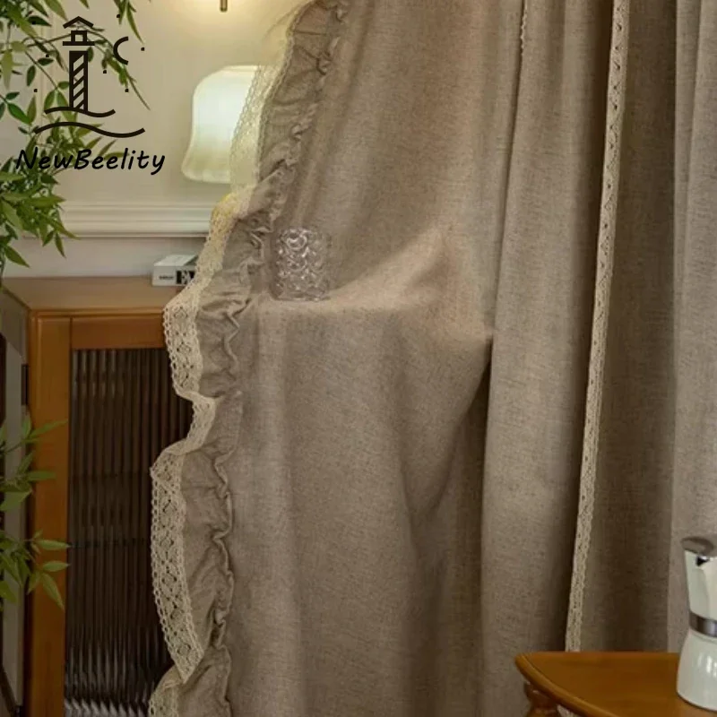 Linen Log Cotton Linen and Wood Ear Edge Splicing Decorative Curtains for Living Room Bedroom French Window Balcony Window