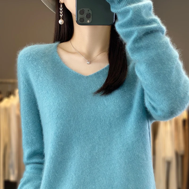 

Spring Autumn V-neck Long-sleeve 100% Merino Wool Pullover Women Commuting Daily Versatile Soft Cashmere Knitwear Sweater Top