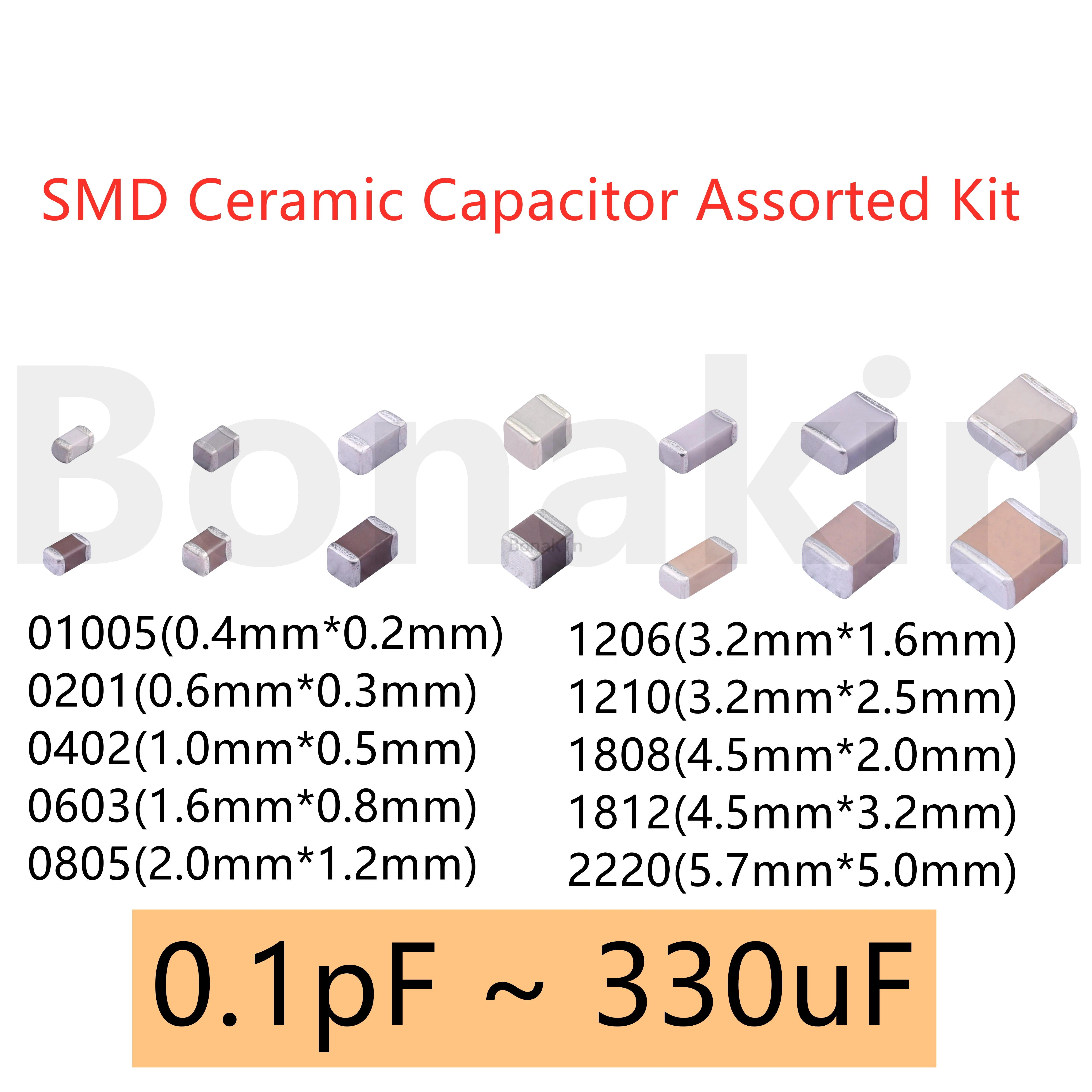 

01005 0201 0402 0603 0805 1206 1210 1808 1812 2220 SMD Ceramic Capacitor Assorted Kit 100PF 10NF 100NF 10UF Chip Capacitance Set