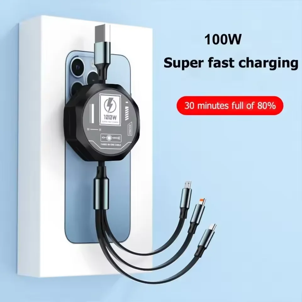 250PCS 3 In 1 Retractable Usb 100W Cable Fast Charging Micro Usb Type C For Iphone Android Phone Xiaomi Huawei OPPO