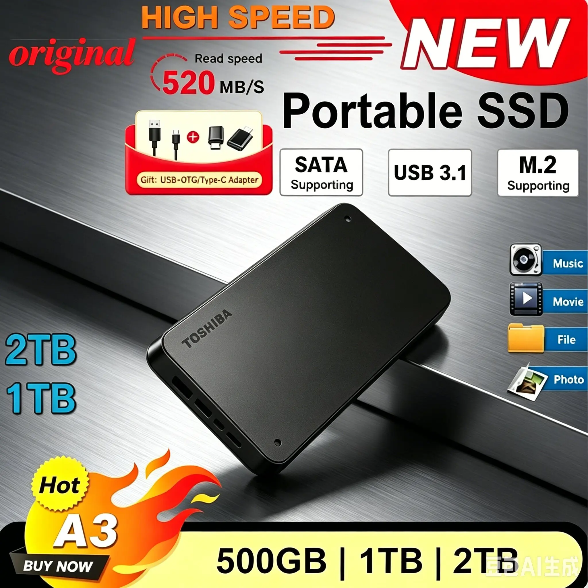 

Original Toshiba Canvio Basics A3 Portable HDD USB3.0 High Speed External Hard Disk 500GB 1TB 2TB Black