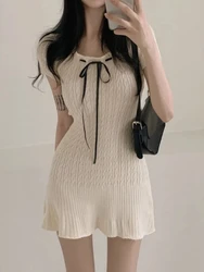 Summer Eelgant Bow One Piece Dresses Women Short Sleeve Knitted Sweet Cute Dress Sweater Korean Style Ruched Fairy Party Dress