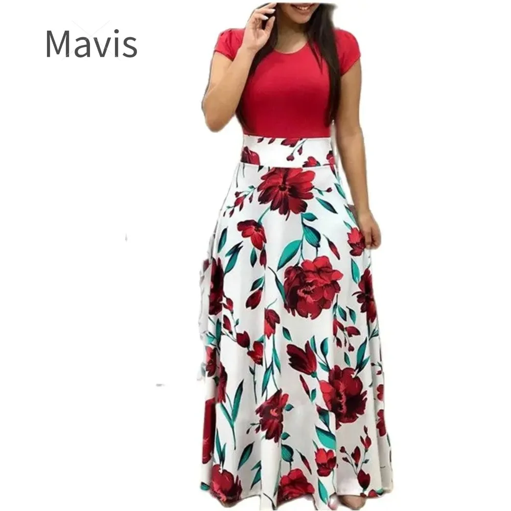 

Mavis Women Polka Dot Print Patchwork Long Dresses Casual Short Sleeve O-Neck High Waist Robe Boho Beach Maxi Sundress Vintage