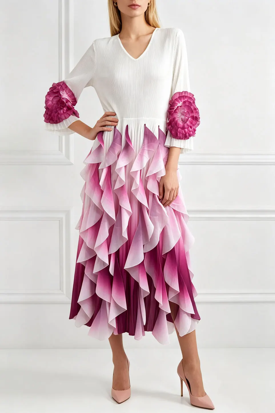 Miyake Pleated Women Dress 3D Floral Applique Flare Sleeve V‑Neck Layered Ruffle Belted Loose Evening Party Formal Abaya Dress