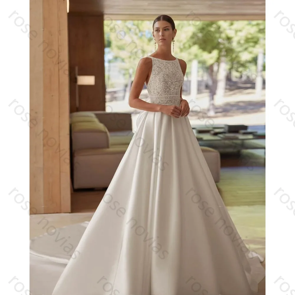 Customized 2026 Hot Sale Ivory Wedding Dress Round Neck Beaded Bodice Satin Ball Gown A-Line Bridal Gown