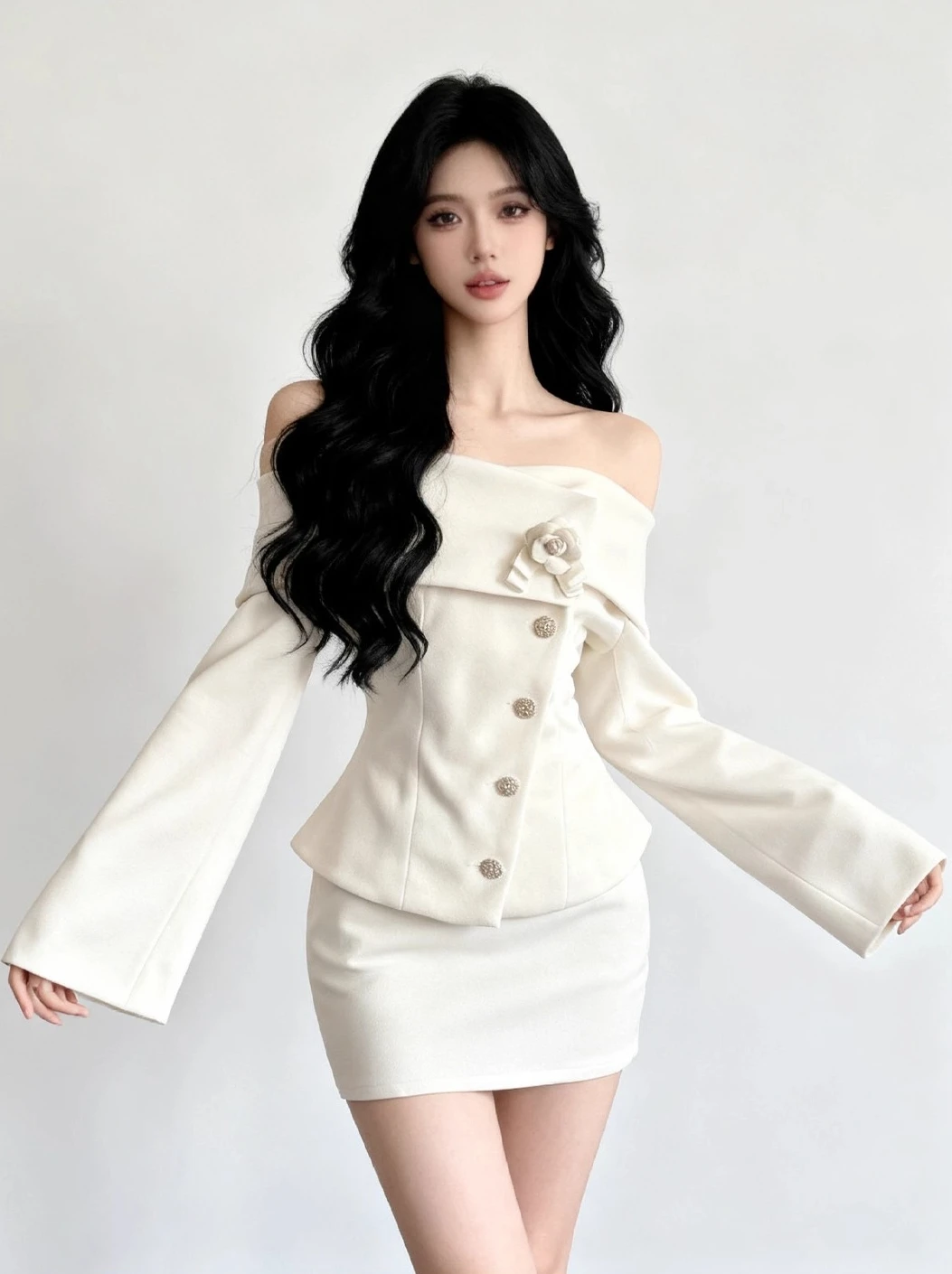 Outono inverno nova venda quente luz de luxo high-end um ombro branco topo e saia curta conjunto banquete deslocamento estilo rosa conjunto