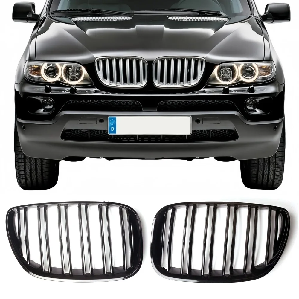 

1 Pair Black Gloss Car Grilles Double Line Anti-scratch ABS Car Front Hood Grill 51137113733 51137113734 for BMW X5 E53 04-06