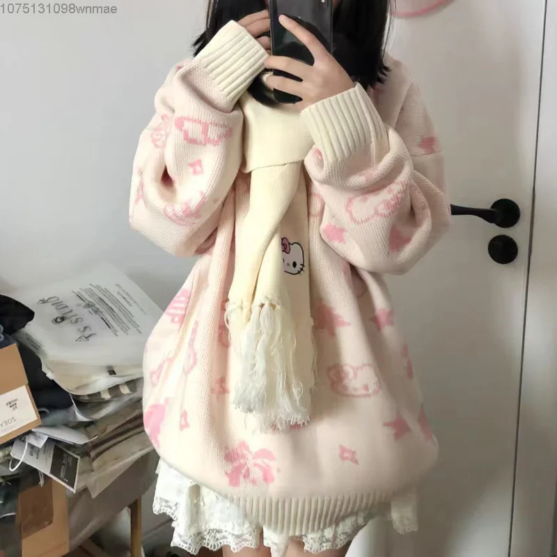 Sanrio Hello Kitty Christmas Jacquard Knitted Pattern Pullovers Women Cute Cartoon Sweet Sweater Y2k Knitwear Top Winter Clothes