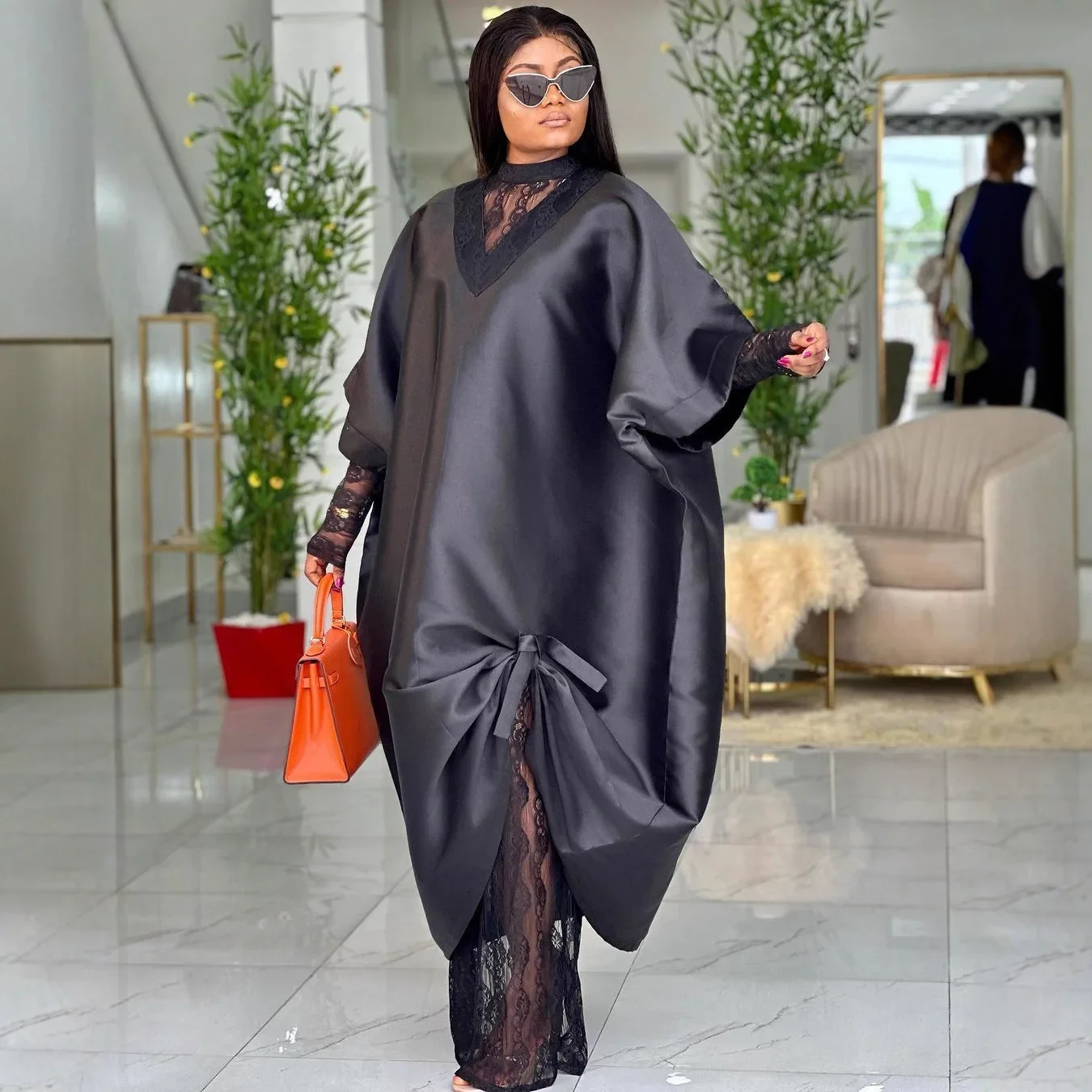 

African Dresses Elegant Shiny Bubu Dresses Women Two Pieces Set Lace Inside Dress Traditional Africa Clothing Long Loose Dashiki