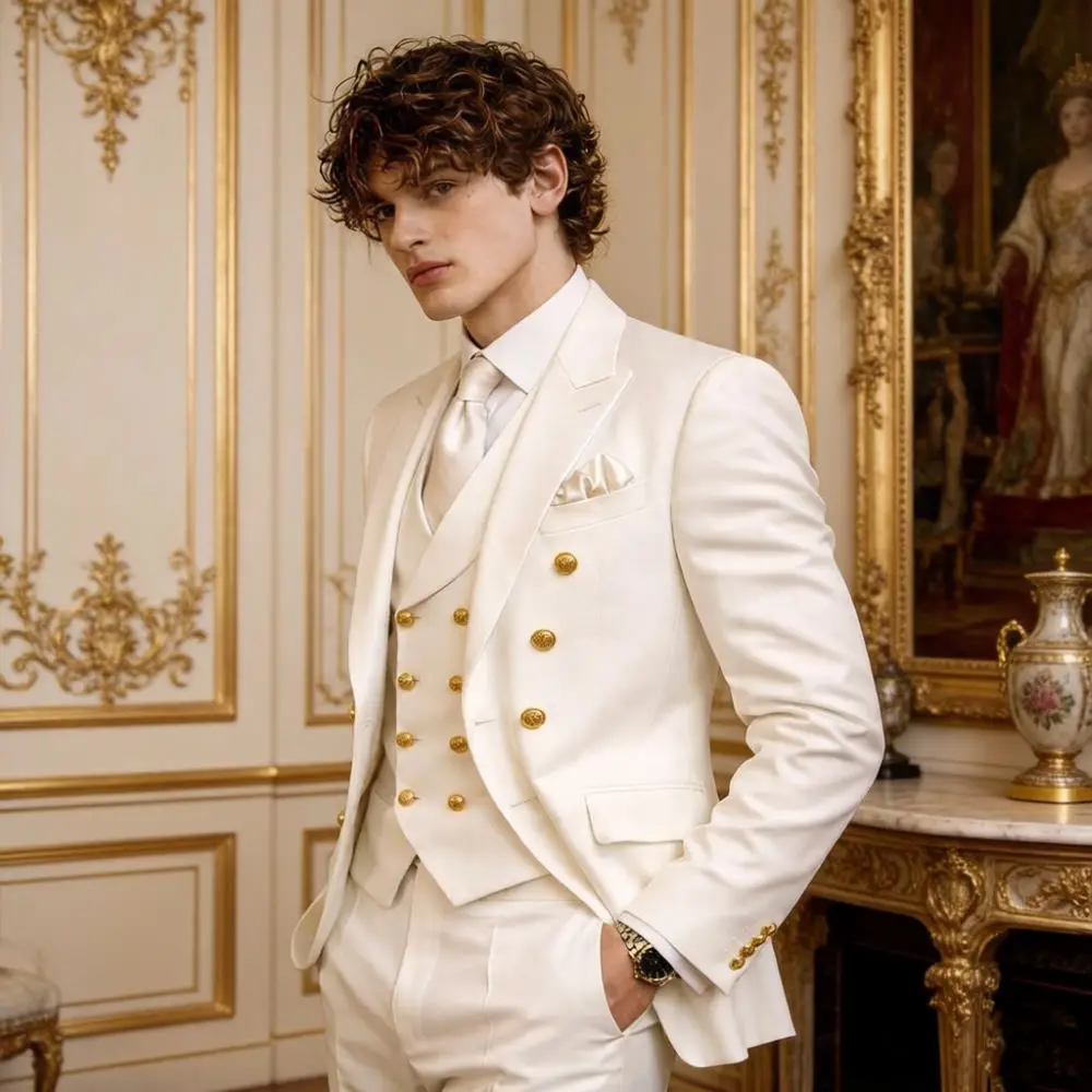 Mens Ivory 3 Piece Suits Vintage Double Breasted Slim Fit Wedding Tuxedo 6 Gold Buttons Cuff Flap Pockets Groom Prom Party