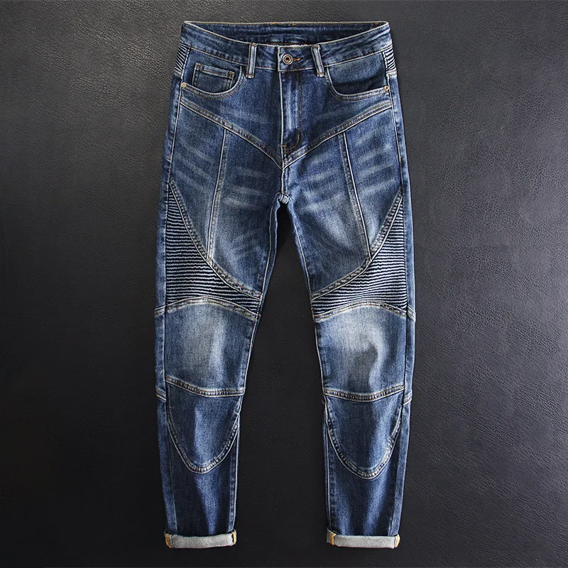 

High end retro patchwork pleated jeans for men, slim fit with small feet, elastic retro fashion, cool and trendy motorcycle pant