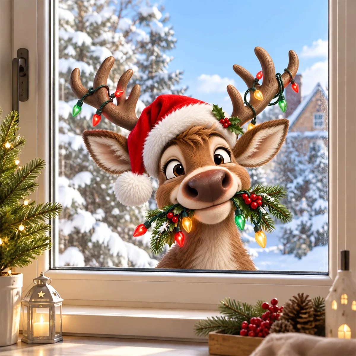 Window Stickers Christmas Cute Reindeer with Santa Hat Light Static Cling Removable Waterproof PVC Decals for Home Windows Decor