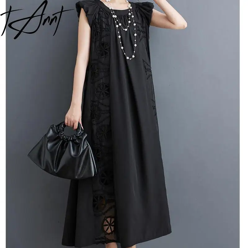 

Tannt Women Dress Asymmetry Patchwork Hollow Out Long Dresses For Women Fashion Casual Loose Long Black Dresses 2025 New