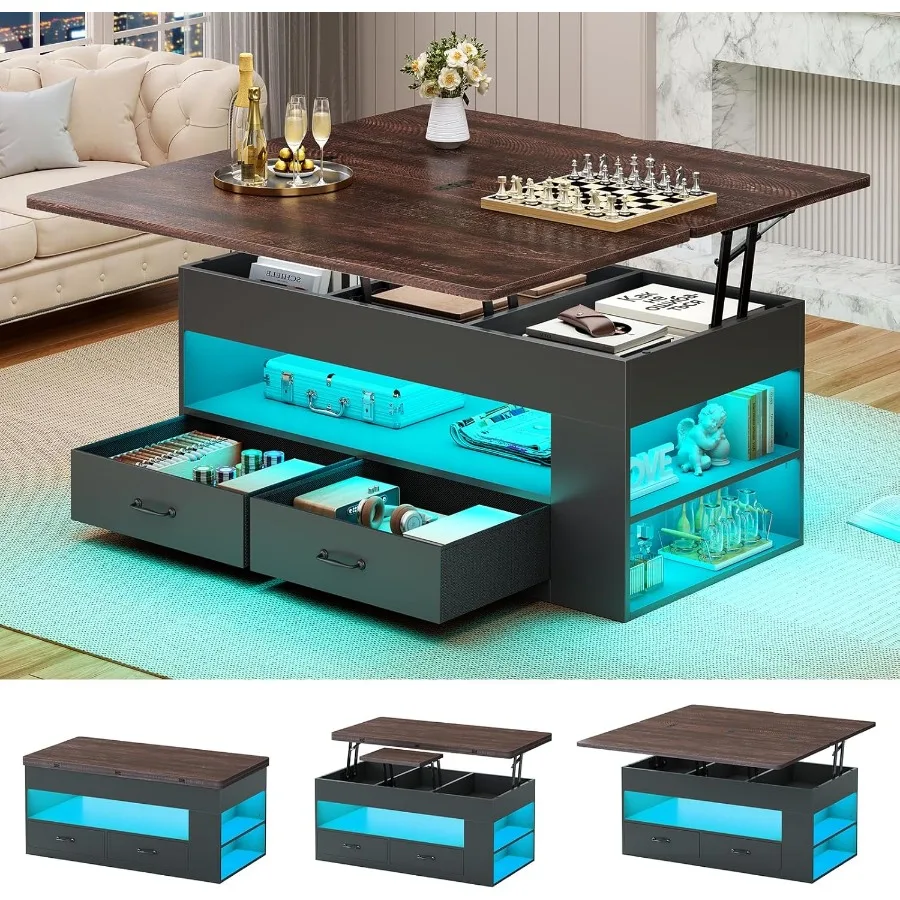 Lift Top Coffee Table for Living Room, Wood and MDF, White and Gray, 4-in-1 with Storage, Hidden Compartment, 2 Fabric Drawers