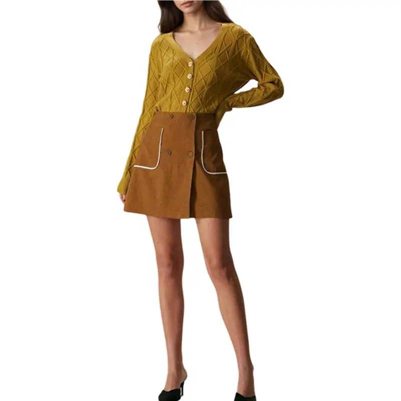 NEW-Womens Vintage High Waist Button A-Line Skirt Bodycon Mini Pencil Skirts Khaki S