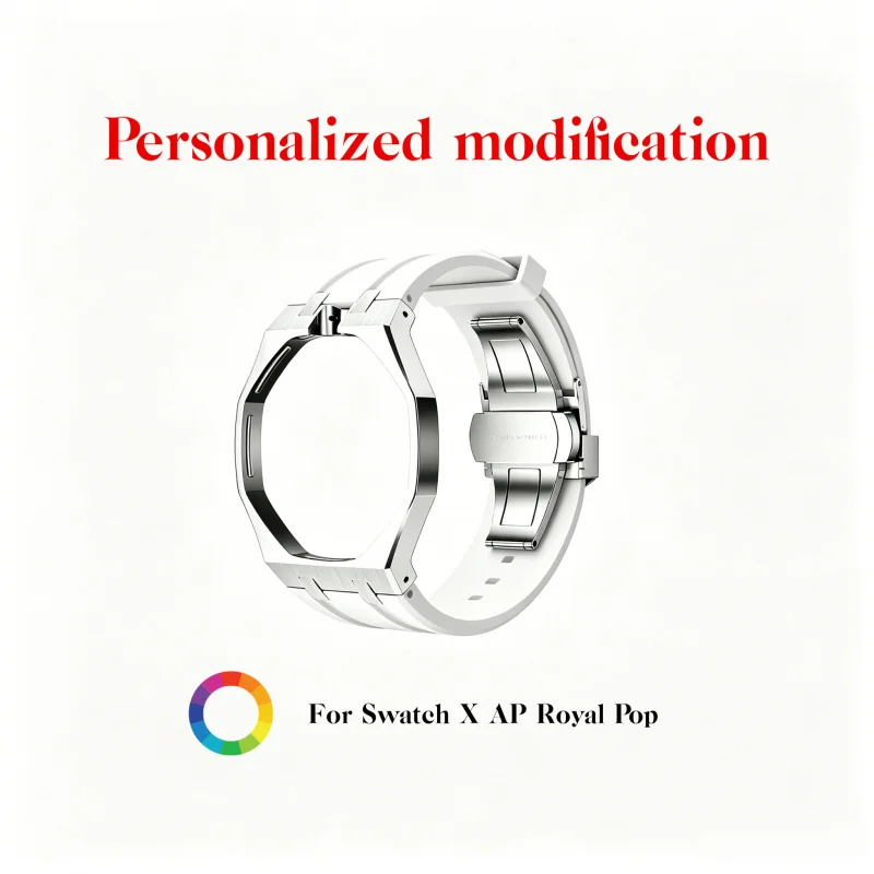 2-in-1 Silicone Band & Stainless Steel Protective Case Kit for Swatch X AP Royal Pop Watch Mod Convert To Trendy Wristwatch Part