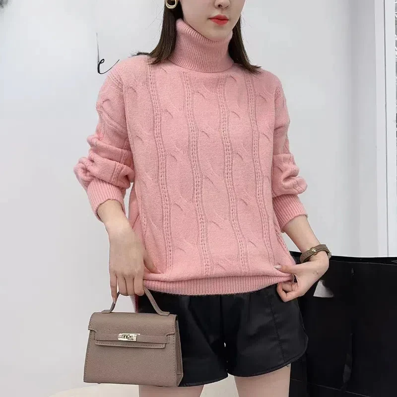 Korean Solid Color Pullover Long Sleeve Sweater Knitted Casual Fashion Elegant Women\'s Clothing Autumn Winter Turtleneck Tops