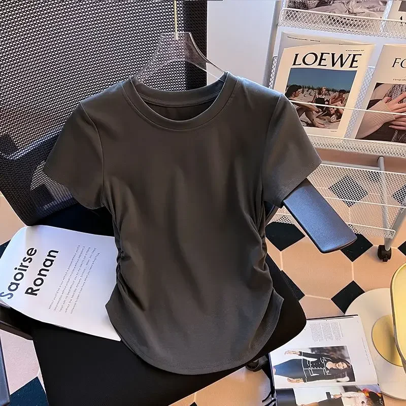 5 cores camisetas femininas hotsweet shirring casual simples o-pescoço moda senhora estilo coreano maduro concurso футlıkelho verão minoria