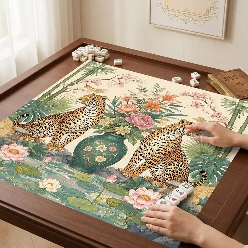 VIKAMA Vintage Leopard Lotus Mahjong Mat Anti Slip Noise Reduction Oriental Bamboo Household Game Table Pad