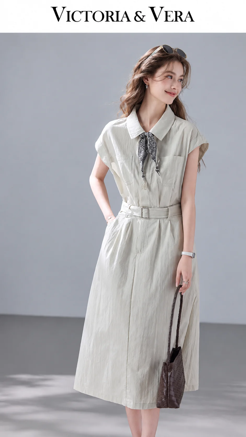 Victoria & Vera Collared Cap Sleeve Shirt Midi Dress, Belted Button Front Dress With Complimentary Printed Bandana Scarf