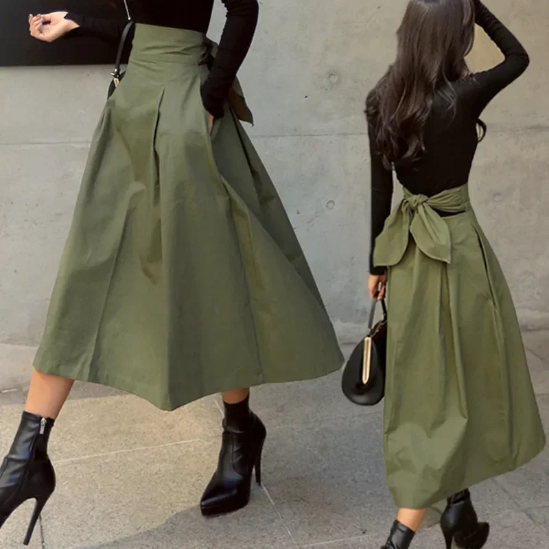 

High Waist Bow Skirts Women Korean Fashion Solid Big Swing Female A Line Midi Skirts Elegant All Match Slim Skirts
