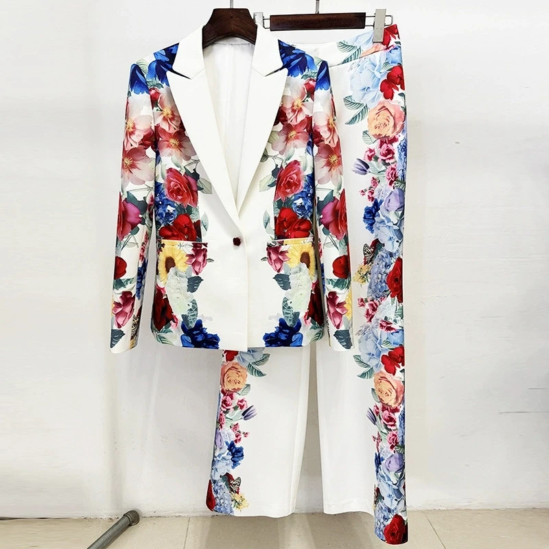 Spring And Autumn New Style Fashionable Commuting Fresh Digital Printed Women's Long Sleeved Suit Long Pants Two Piece Set