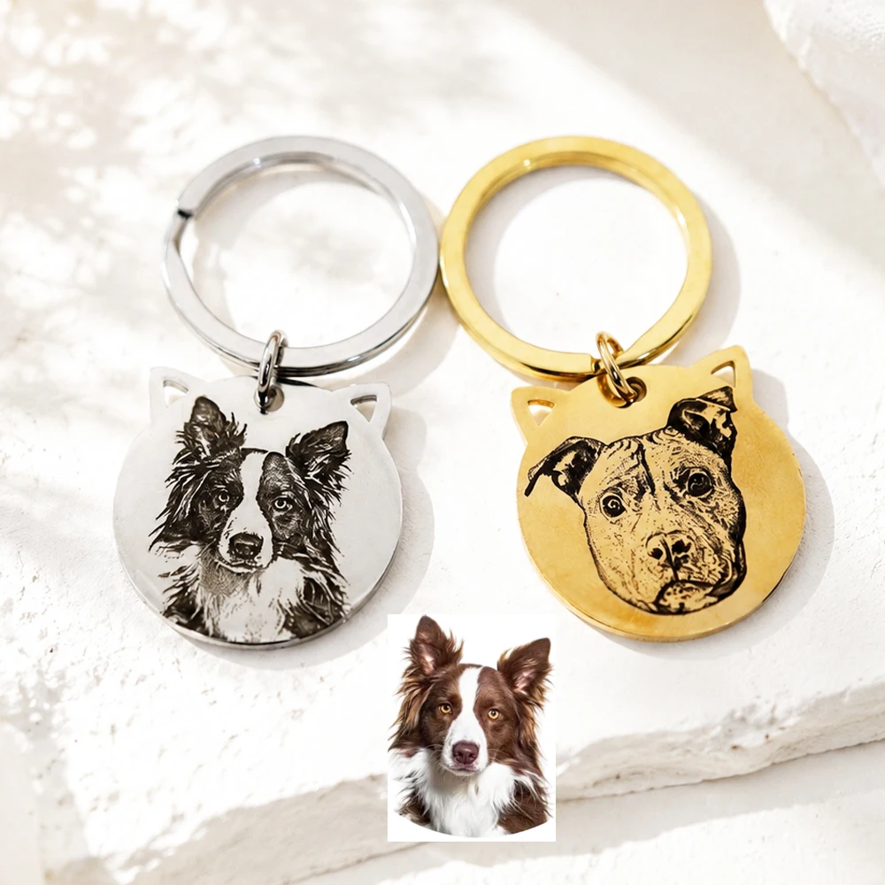 Custom Pet Portrait Keychain Personalzied Text Any Picture Keyring Pet Anti-lost Stainless Steel Jewelry For Men Women