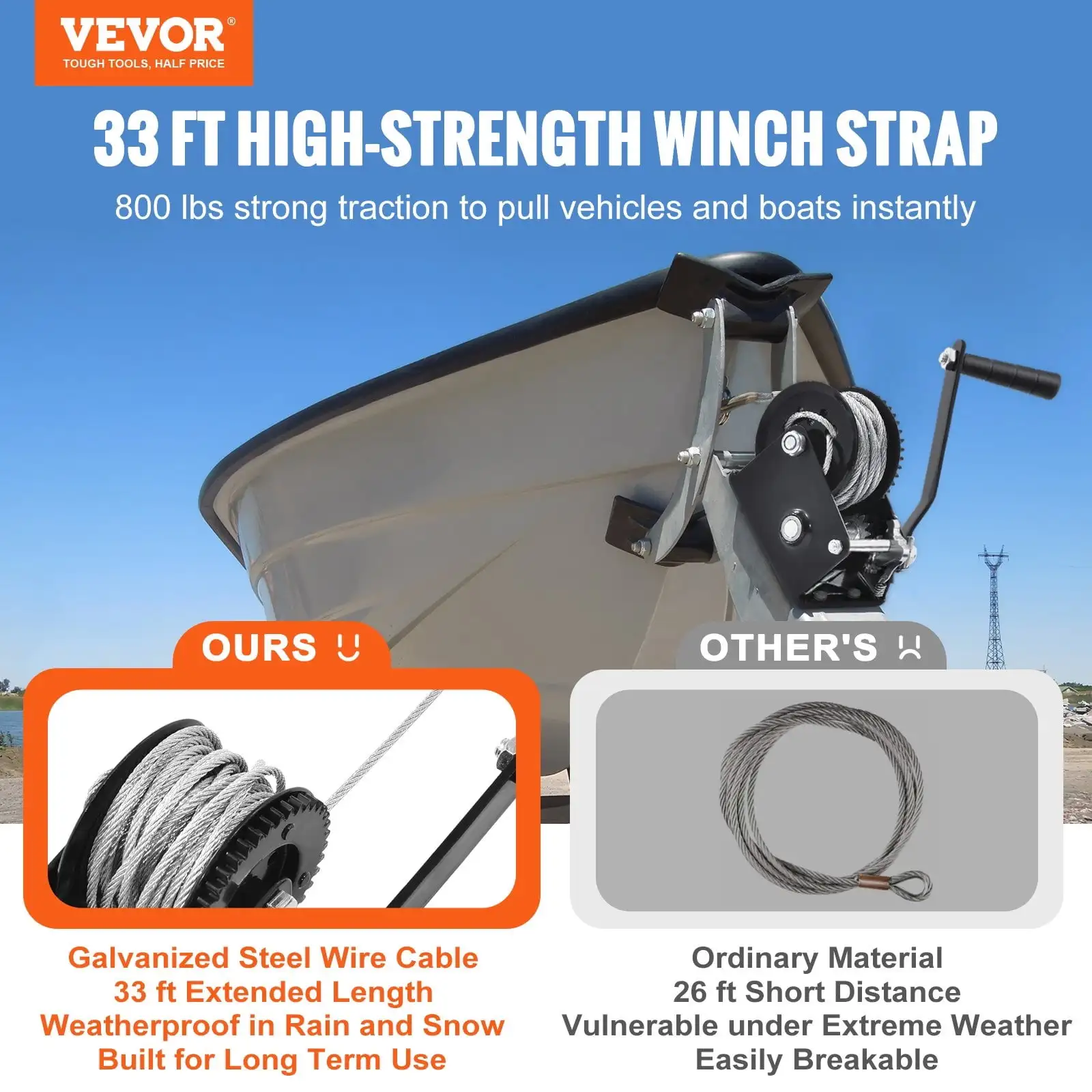 Hand Winch, 800 lbs Pulling Capacity, Boat Trailer Winch Heavy Duty Rope Crank with 33 ft Steel Wire Cable and Two-Way Ratchet