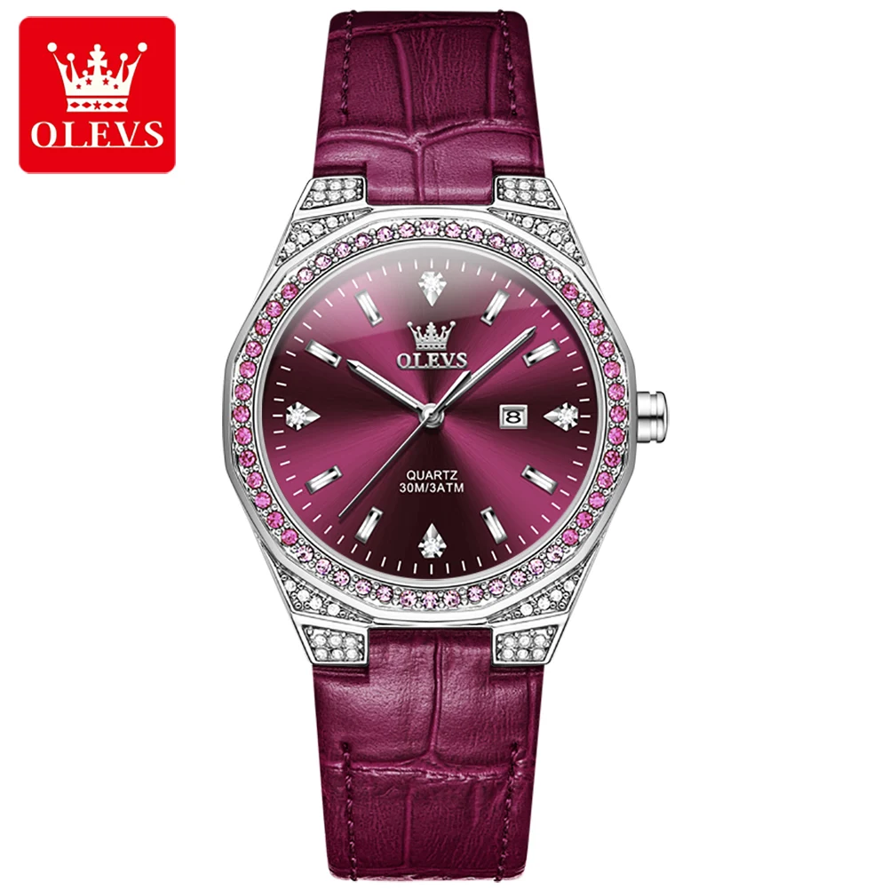 OLEVS 5606 Original Quartz Watches For Women Fashion Luxury Diamond Bezel Auto Date Waterproof Leather Strap Ladies Wristwatches