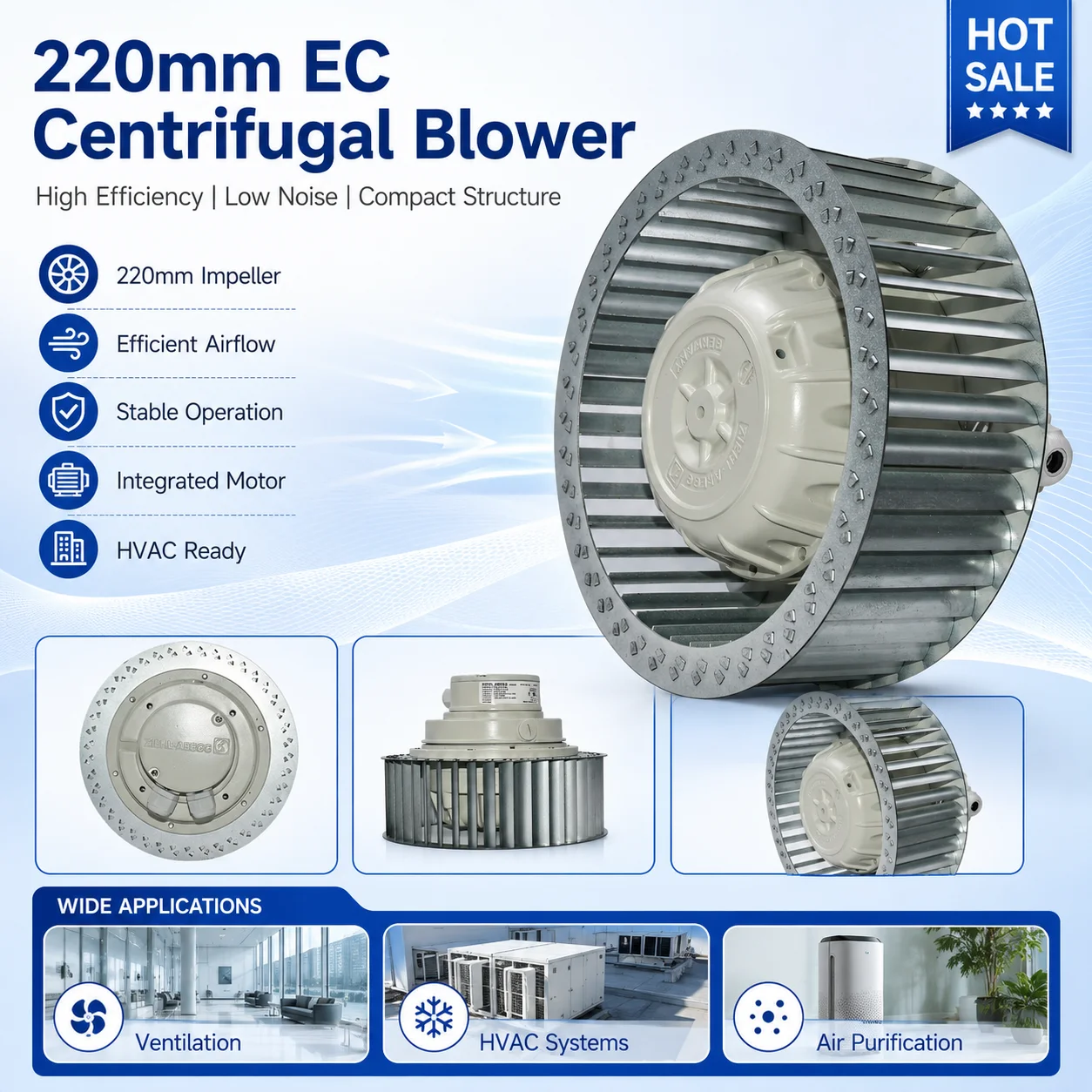 ZIEHL-ABEGG AC400V 490W RF22p-2DK.3F.6R 220mm Centrifugal Fan Dual Ball Bearing Industrial Cooling Fan for Exhaust Inverter HVAC