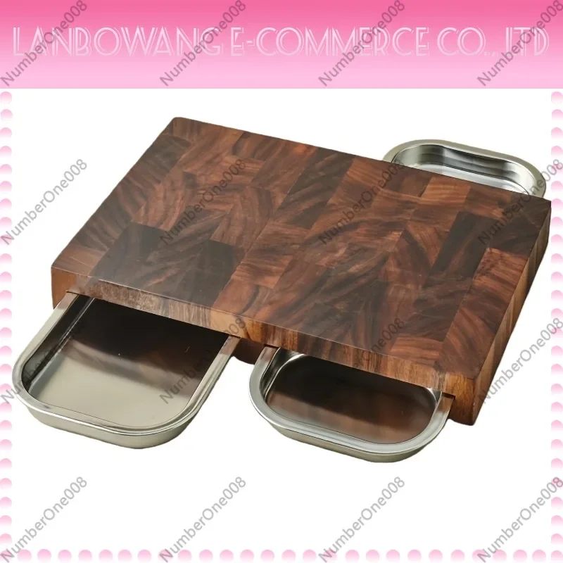 Walnut Cutting Board with Stainless Steel Tray, Wood Serving Platter Fruit Chopping Board for Kitchen Household