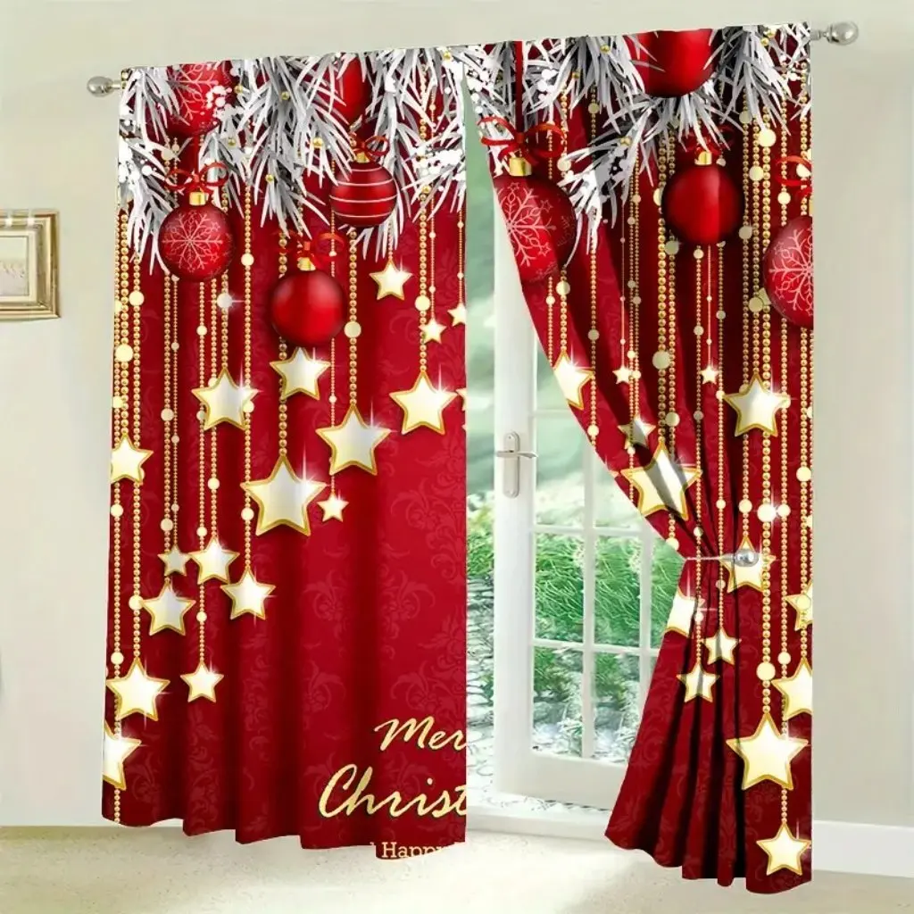 2pcs Christmas Print Curtains Soft Microfiber Rod Pocket Design for Easy Hanging Perfect Curtain for Living Room & Bedroom Decor