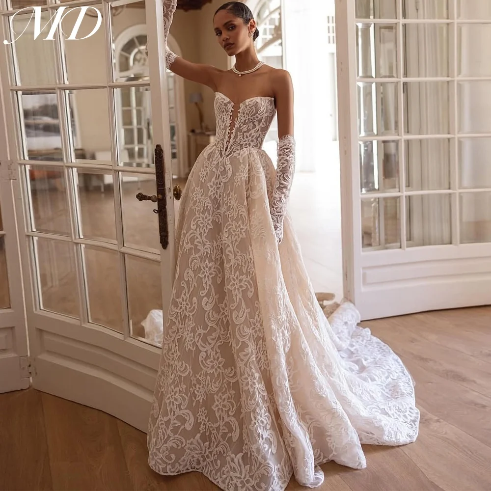 

MD New Exquisite A-line Wedding Dress With Golves Sleeveless Applique Lace Sweep Train Bridal Gown Customized vestidos de novia