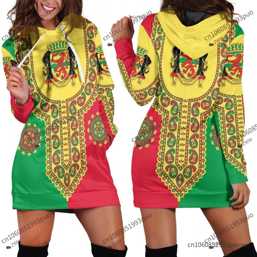 

Democratic Republic of Congo Flag Tribal Vintage 3D Printed Harajuku Crew Neck Slim Casual Long Sleeve Funny Ladies Hoodie Dress