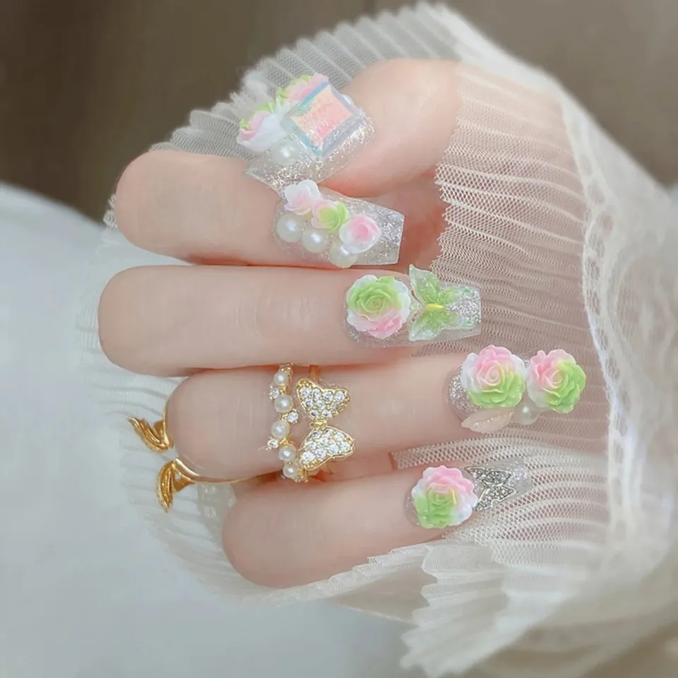 24 uñas postizas para chicas, cobertura completa, dulces y lindas con moño, diseño de cristal rosa, coreanas 6