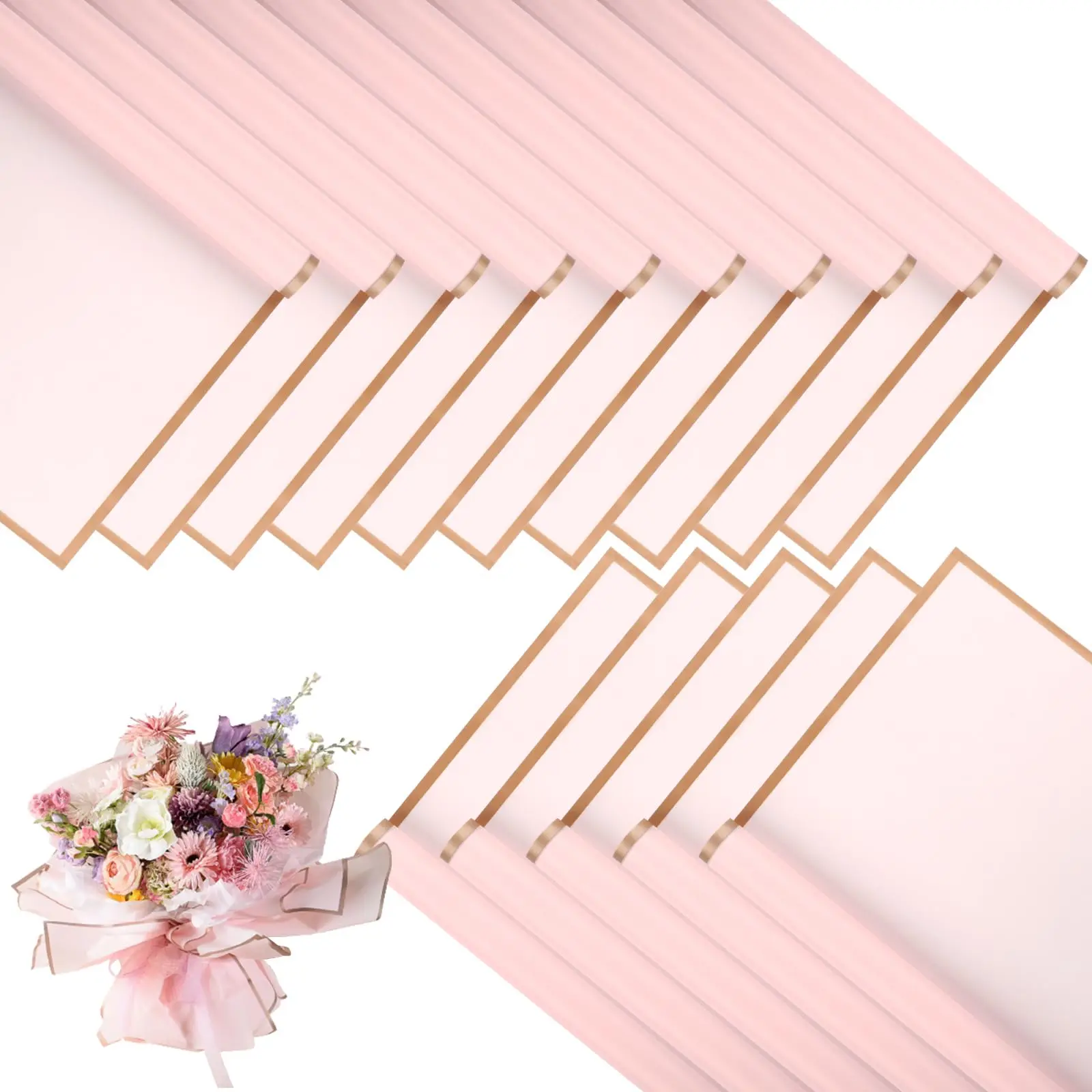 20 Sheets Pink Flower Wrapping Paper with Golden Edges, Waterproof Packaging, Ideal for DIY Crafts, Wedding Bouquets, Weddings