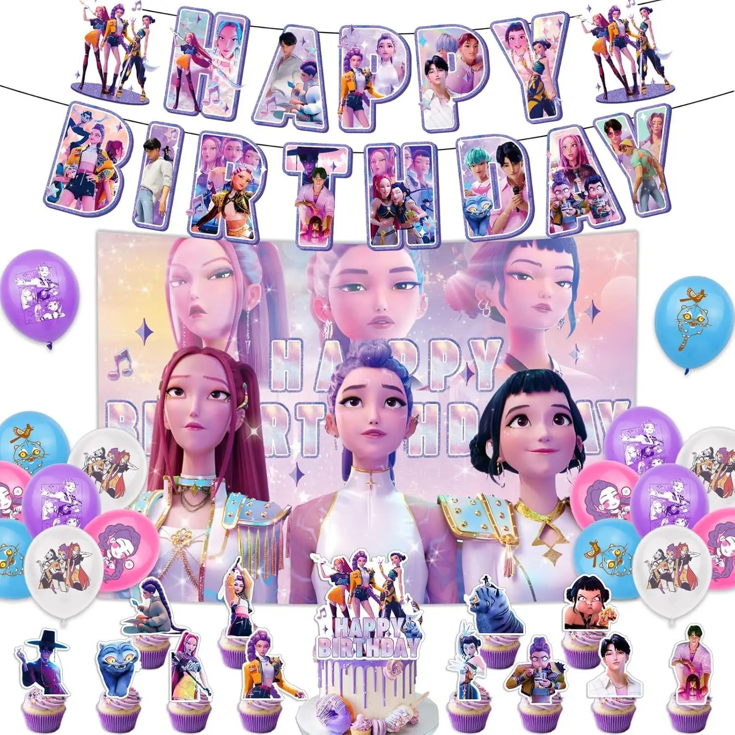 K-pop chasseurs de démons cadeaux de fête Cupcake Toppers Anime démon chasse carte groupe carte postale autocollants bannière ballon de noël