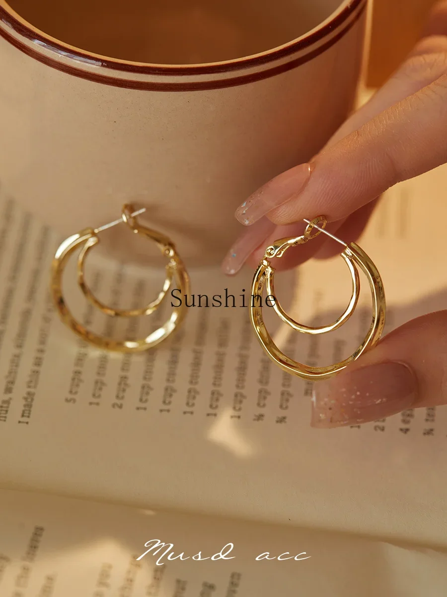 French high-end sense unique double-layer circle earrings niche design simple earrings without piercings